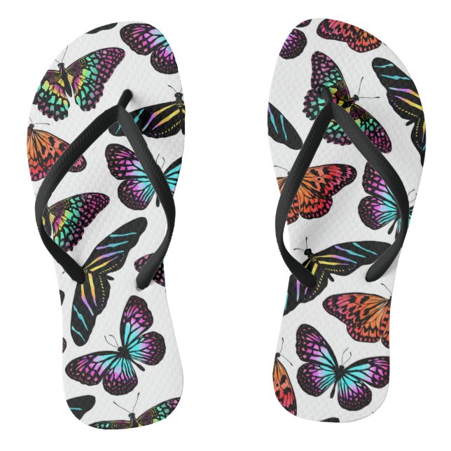 Schwarz Farbenfrohe Schmetterlinge Wasserfarben Mu Flip Flops (Fußbett)