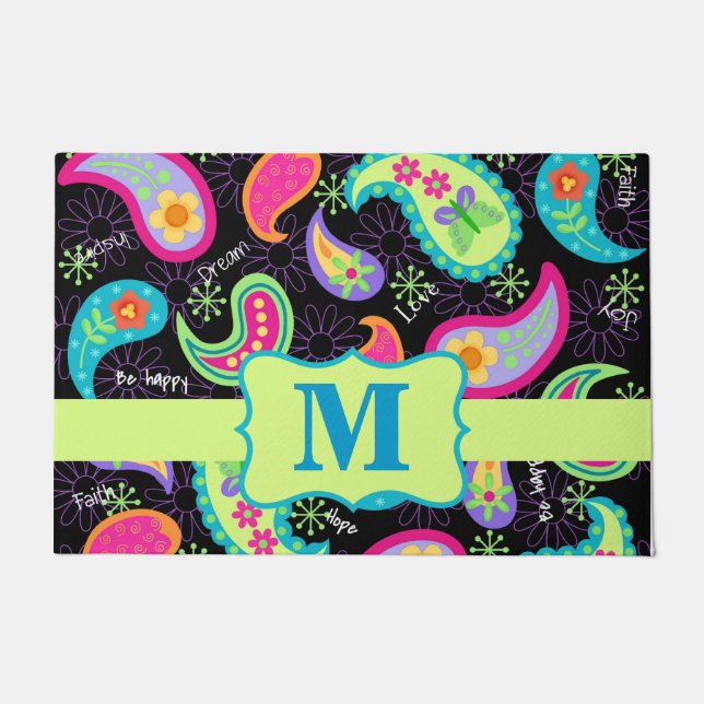 Schwarz Farbige Monogram Modernes Paisley Muster Fußmatte (Vorderseite)