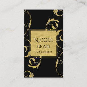 Schwarz & Faux-Gold-Blumenstrudel Elegant Visitenkarte