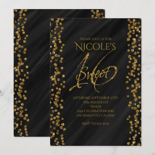Schwarz & Faux Gold Glitter Glamour SWEET 16 Sechz Einladung
