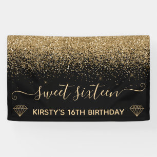 Schwarz & Faux Gold Glitter Sweet 16 Banner