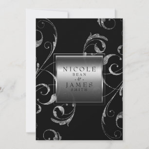 Schwarz & Faux Silber Glas Blumenstrudel Elegant Einladung