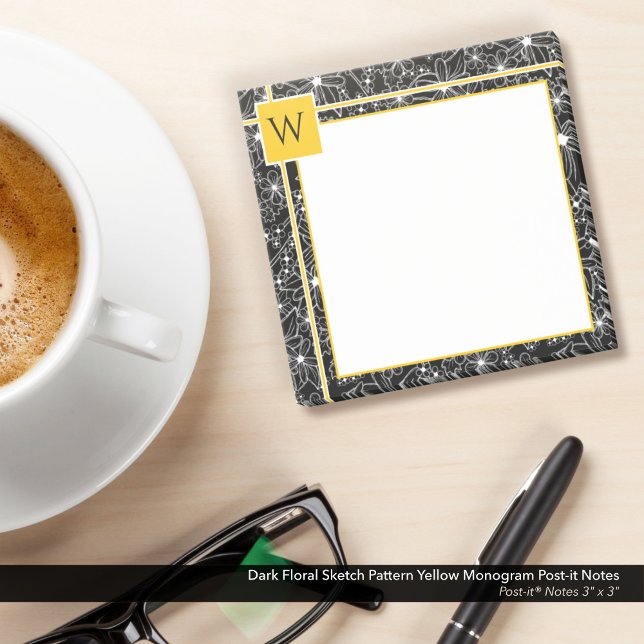 Schwarz-Flora-Sketch-Muster Schwarz-Gelb-Monogramm Post-it Klebezettel (Dark Floral Black and White Sketch Pattern Post-it Notes with Yellow Monogram)