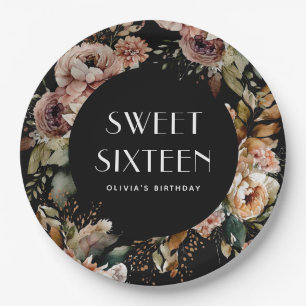 Schwarz & Floral Sweet Sixteen   Eleganter Geburts Pappteller