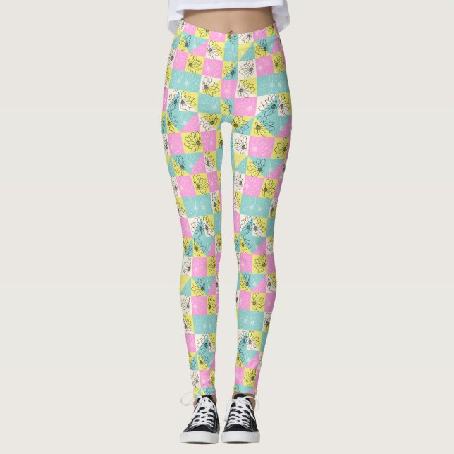 Schwarz florales farbiges Pastel-Schachbrettmuster Leggings (Vorderseite)
