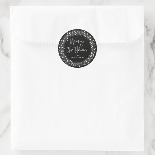 Schwarz Frohe Weihnachts-Skript Sparkling Lights Runder Aufkleber (Tasche)