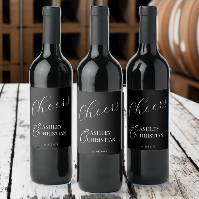 Schwarz-Gastgeschenk Hochzeit Weinetikett (Black elegant simple minimalist monogram wedding favor printed wine label personalized favors)