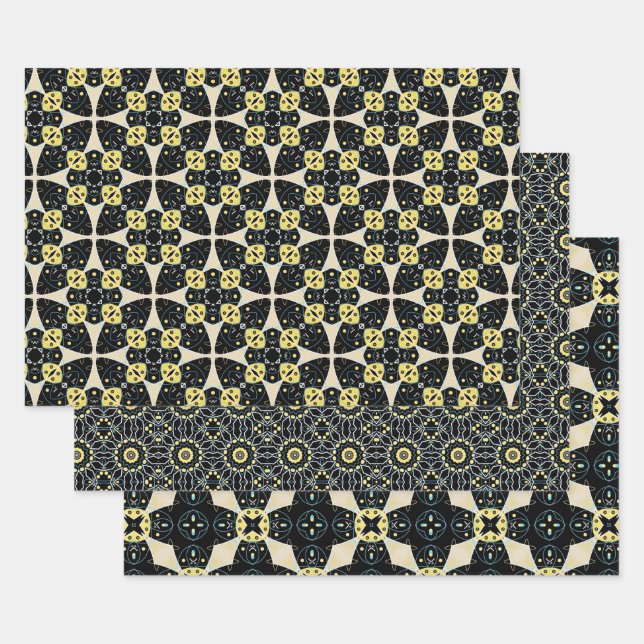 Schwarz Gelb & Beige Elegante geometrische Muster Geschenkpapier Set (Set)