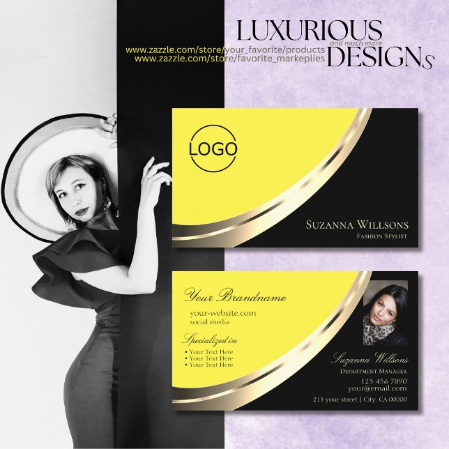 Schwarz-Gelb-Chic-Gold-Dekoration mit Logos und Fo Visitenkarte (Von Creator hochgeladen)