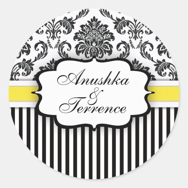 Schwarz-Gelb-Damastreifen-Hochzeitsticker Runder Aufkleber (Vorderseite)