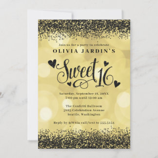 Schwarz-Gelb-Gold-Glam Sweet 16 Einladung