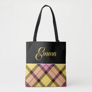Schwarz Gelb Pink Kariert Tartan Personalisierter  Tasche