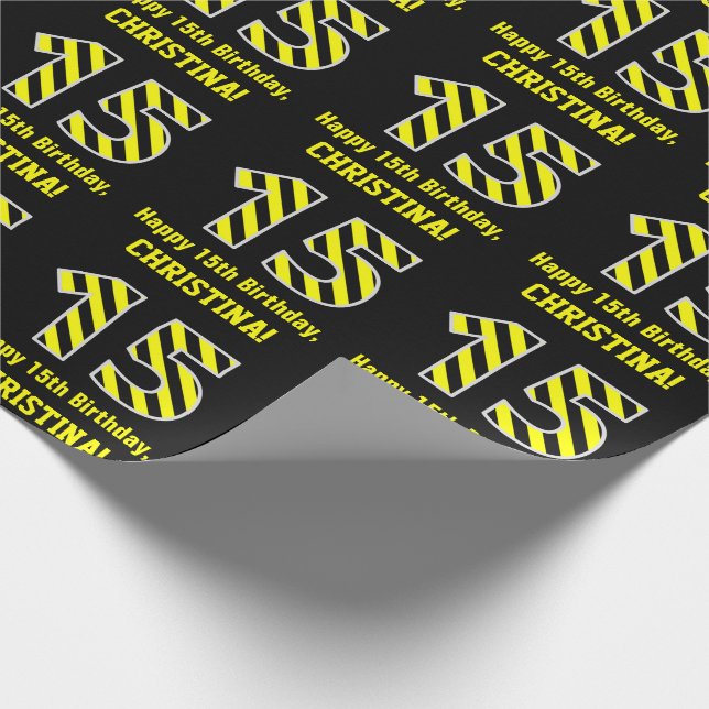 Schwarz/Gelb Streifen "15"; 15. Geburtstag + Name Geschenkpapier (Ecke)