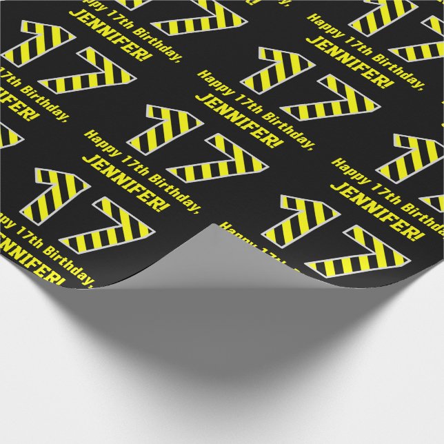 Schwarz & Gelb Streifen "17"; 17. Geburtstag + Nam Geschenkpapier (Ecke)