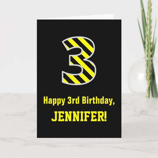 Schwarz & Gelb Streifen "3"; 3. Geburtstag + Name Karte (Vorderseite)