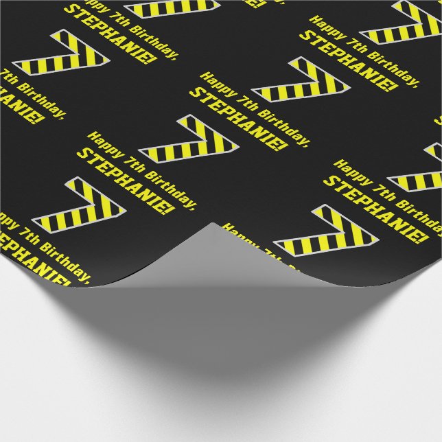 Schwarz & Gelb Streifen "7"; 7. Geburtstag + Name Geschenkpapier (Ecke)