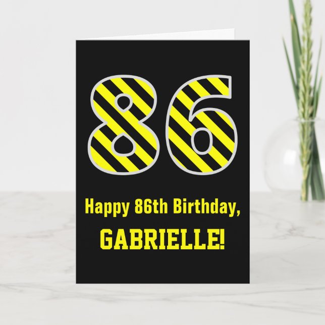 Schwarz/Gelb Streifen "86"; 86. Geburtstag + Name Karte (Vorderseite)