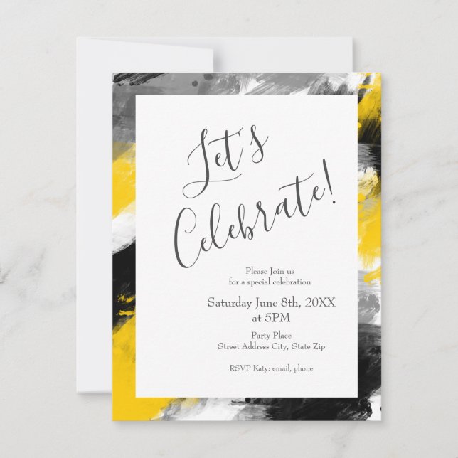 Schwarz-Gelb-Weiß-Moderne Abstrakte Pinselstriche Einladung (Vorderseite)