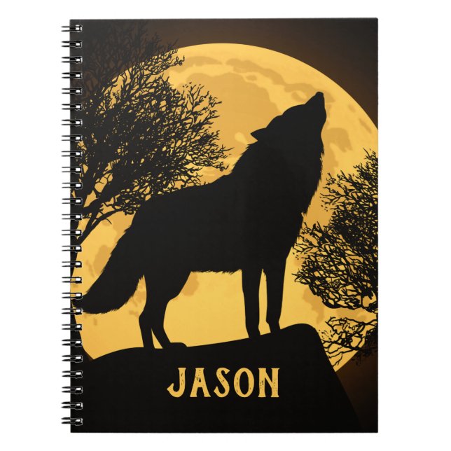 Schwarz-Gelb-Wolf und Vollmond-Notebook Notizblock (Vorderseite)