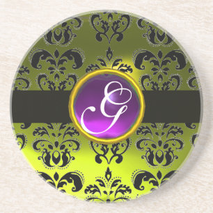 SCHWARZ-GELBE DAMASTSTICKEREI Lila Amethyst-Monog Sandstein Untersetzer