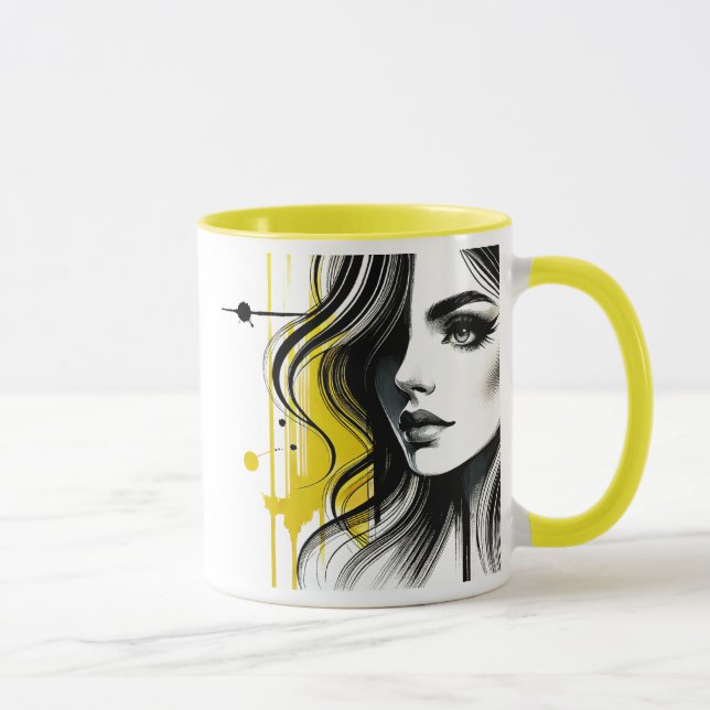 Schwarz-gelbe stilisierte Porträt einer jungen Fra Tasse (Rechts)