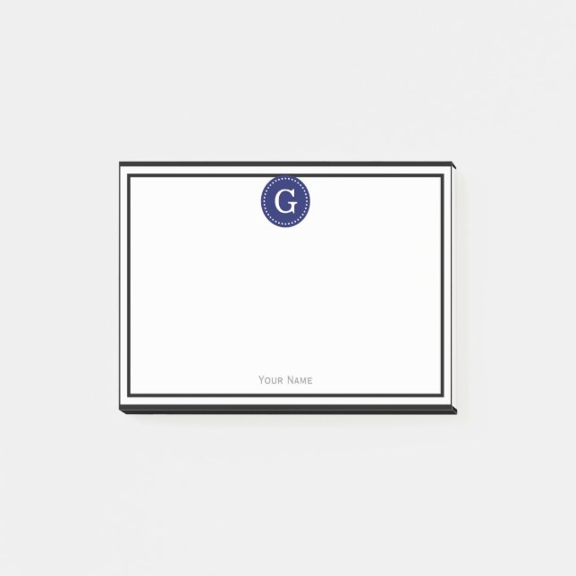 Schwarz Gerahmtes Round Navy 1I Monogramm Post-it Klebezettel (Vorderseite)