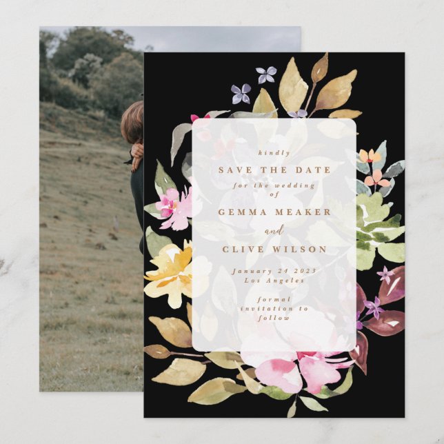 Schwarz getrocknete Wasserfarben Hochzeitskunst Fo Save The Date (Vorne/Hinten)