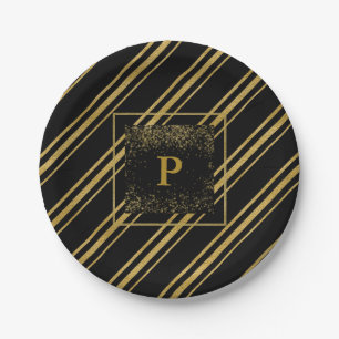 Schwarz & glänzender Gold-Candy-Cane-Streifen Chic Pappteller