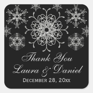 Schwarz, Glitzer sieht Snowflake Hochzeitsticker Quadratischer Aufkleber