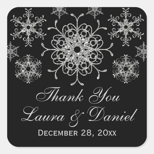 Schwarz, Glitzer sieht Snowflake Hochzeitsticker Quadratischer Aufkleber (Vorderseite)