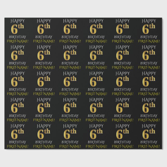 Schwarz, "GLÜCKLICH 6. BIRTHDAY" - Wrapping Paper Geschenkpapier (Flach)