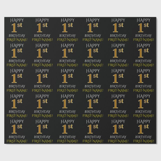 Schwarz, "GLÜCKLICHES 1. BIRTHDAY" Faltpapier Geschenkpapier (Flach)
