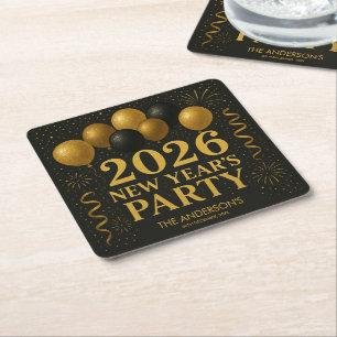 Schwarz-Gold-2026-Silvesterparty Rechteckiger Pappuntersetzer