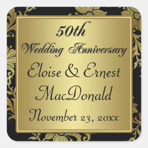 Schwarz, Gold 50. Hochzeitsticker 2 Quadratischer Aufkleber