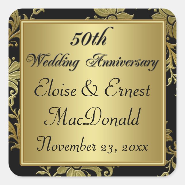 Schwarz, Gold 50. Hochzeitsticker 2 Quadratischer Aufkleber (Vorderseite)