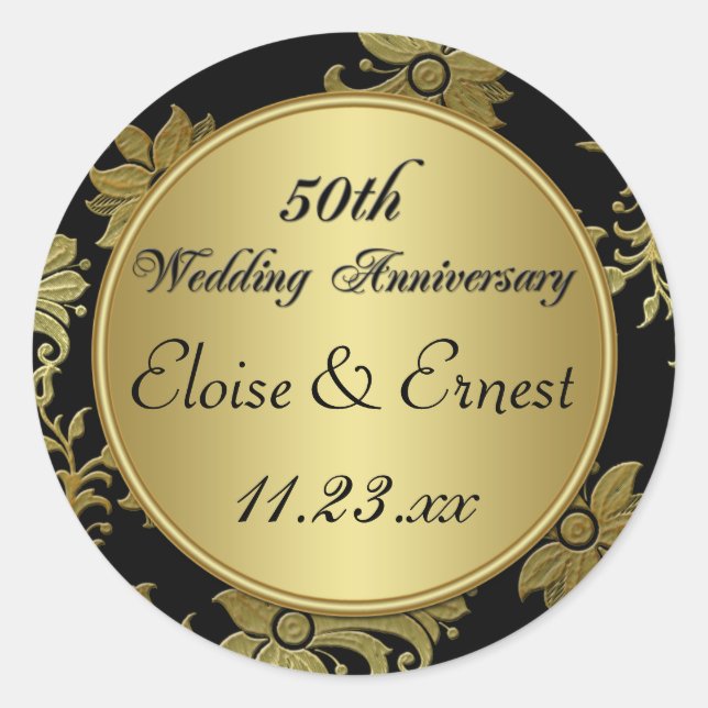 Schwarz, Gold 50. Hochzeitsticker Runder Aufkleber (Vorderseite)
