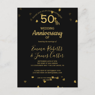 Schwarz & Gold 50. Jubiläumspostkarte Einladungspostkarte