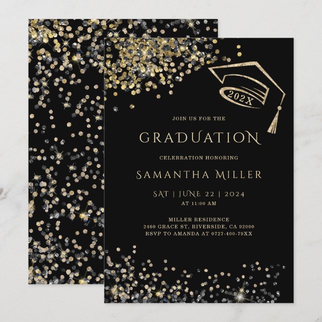 Schwarz-Gold-Abschluss-Vorlage Einladung (Vorne/Hinten)