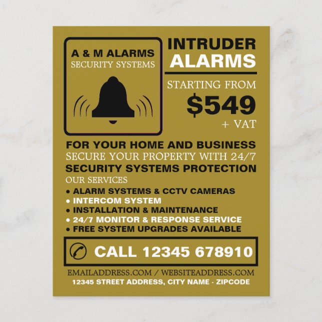 Schwarz-Gold-Alarm-Logo, Sicherheitsalarm-Service Flyer (Vorne)