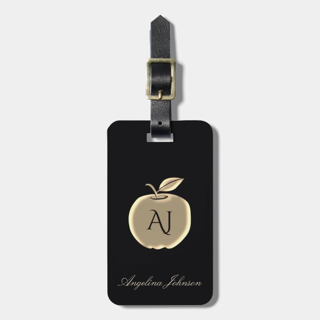 Schwarz-Gold-Apple-Glam-Monogramm-Rücksendeadresse Gepäckanhänger (Vorderseite vertikal)
