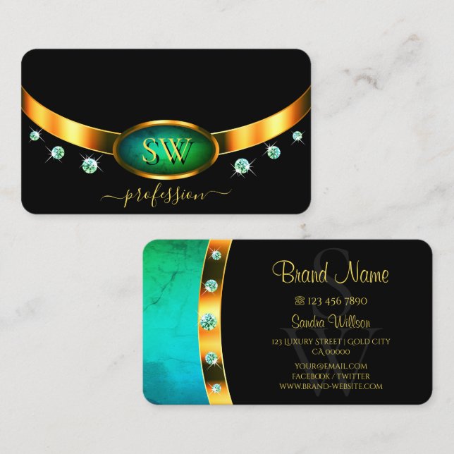 Schwarz-Gold-Aquamarin-Marmor-Monogram-Diamanten Visitenkarte (Vorne/Hinten)