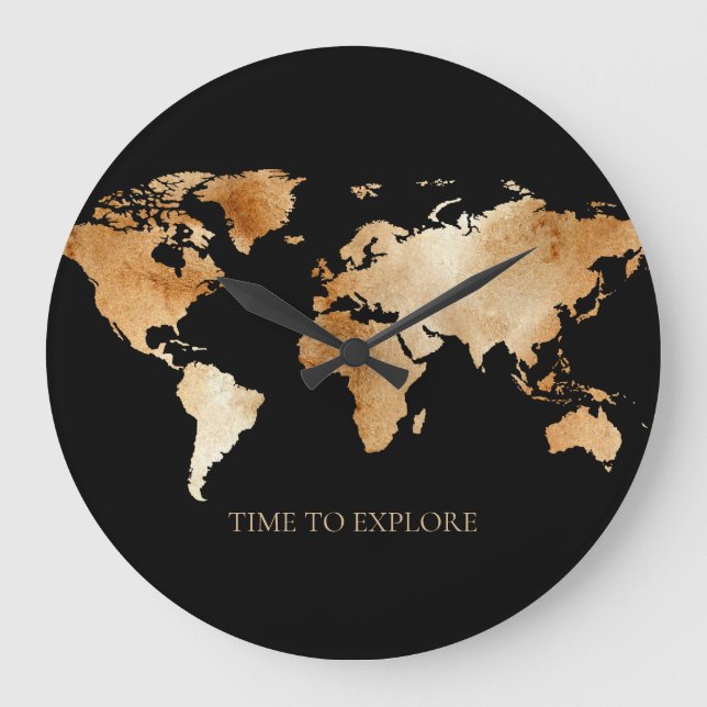 Schwarz-Gold-Aquarell-Weltkarte Große Wanduhr (Vorderseite)