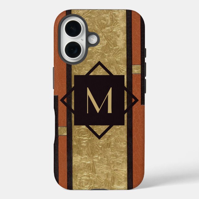 Schwarz & Gold Art Deco Custom Monogram iPhone 16 Hülle (Rückseite)