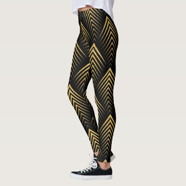 Schwarz & Gold Art-Deko Geometrisches Muster Leggings (Links)