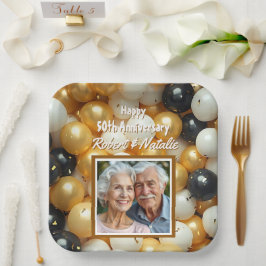 Schwarz-Gold-Ballons | Personalisierter Jahrestag Pappteller