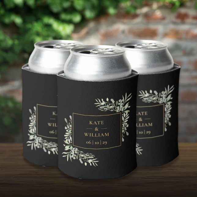Schwarz-Gold-Blattwerk Dosenkühler (Black And Gold Greenery Foliage Wedding Can Cooler)