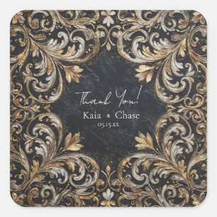 Schwarz-Gold-Blüh-Hochzeitsticker Quadratischer Aufkleber
