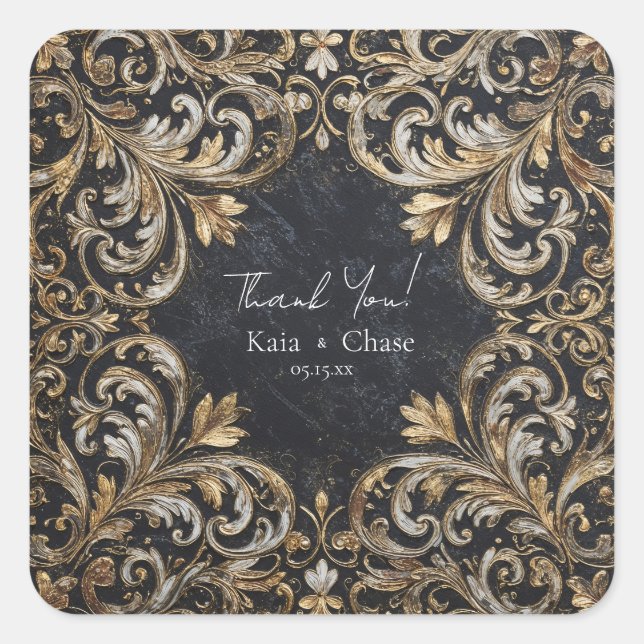 Schwarz-Gold-Blüh-Hochzeitsticker Quadratischer Aufkleber (Vorderseite)