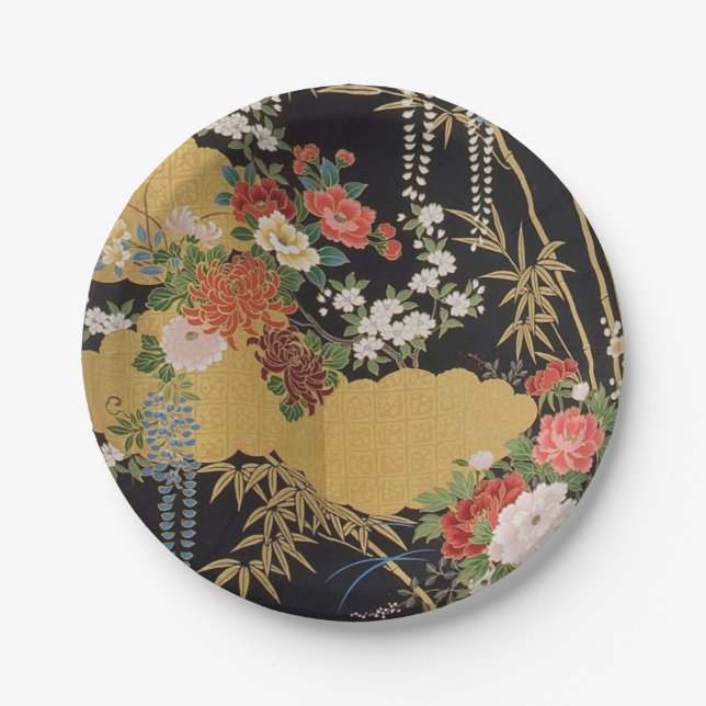 Schwarz-Gold-Blume Kimono Pappteller (Vorderseite)