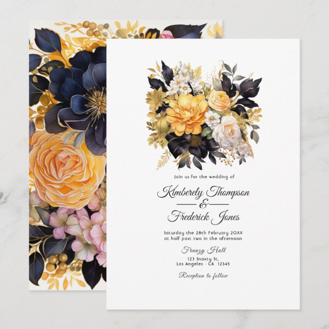 Schwarz-Gold-Blumenhochzeit Einladung (Vorne/Hinten)